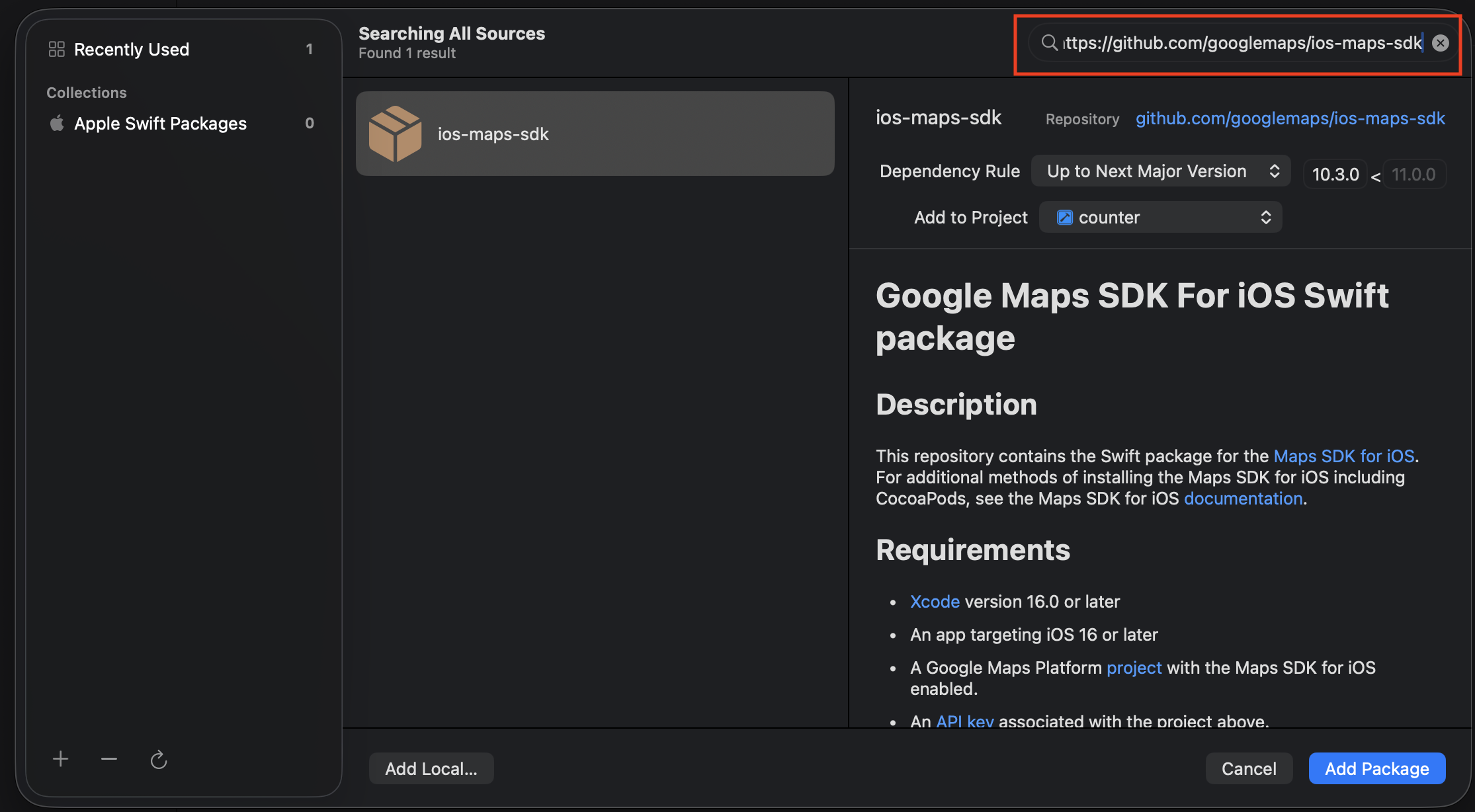 Xcode Package Dependencies画面